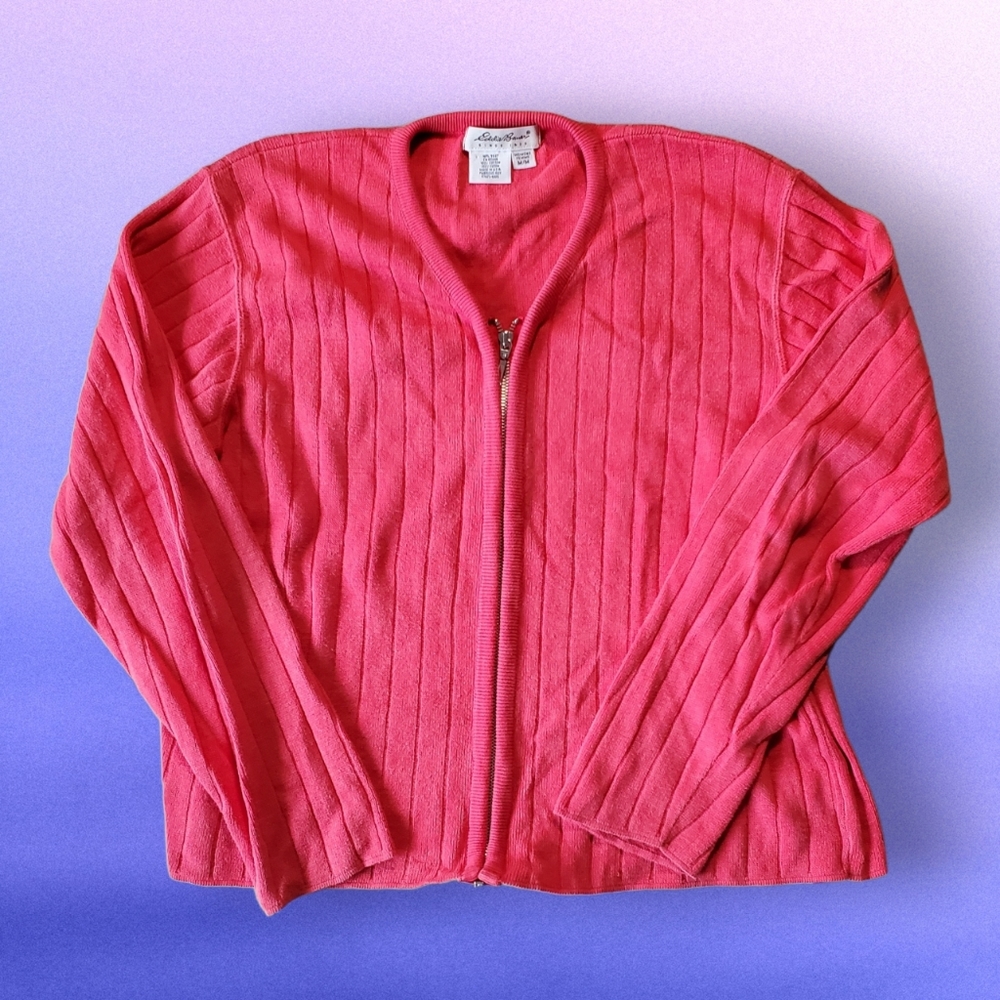 Eddie Bauer Zip Front Cardigan Sweater, Long Sleeves, in Coral, Size M